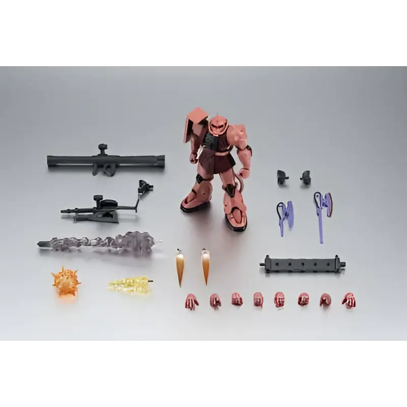 Rosa plastmodell av Char’s Zaku II Gundam med tillbehör