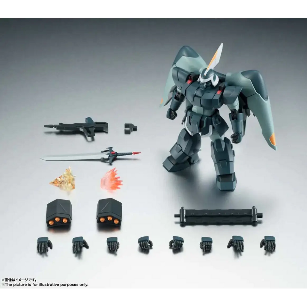 Mörkgrå och vit plast Gundam-modell med orange accenter på huvud, vingar och fötter, Rs ZGMF-1017 Jin Ver. A.N.I.M.E. actionfigur