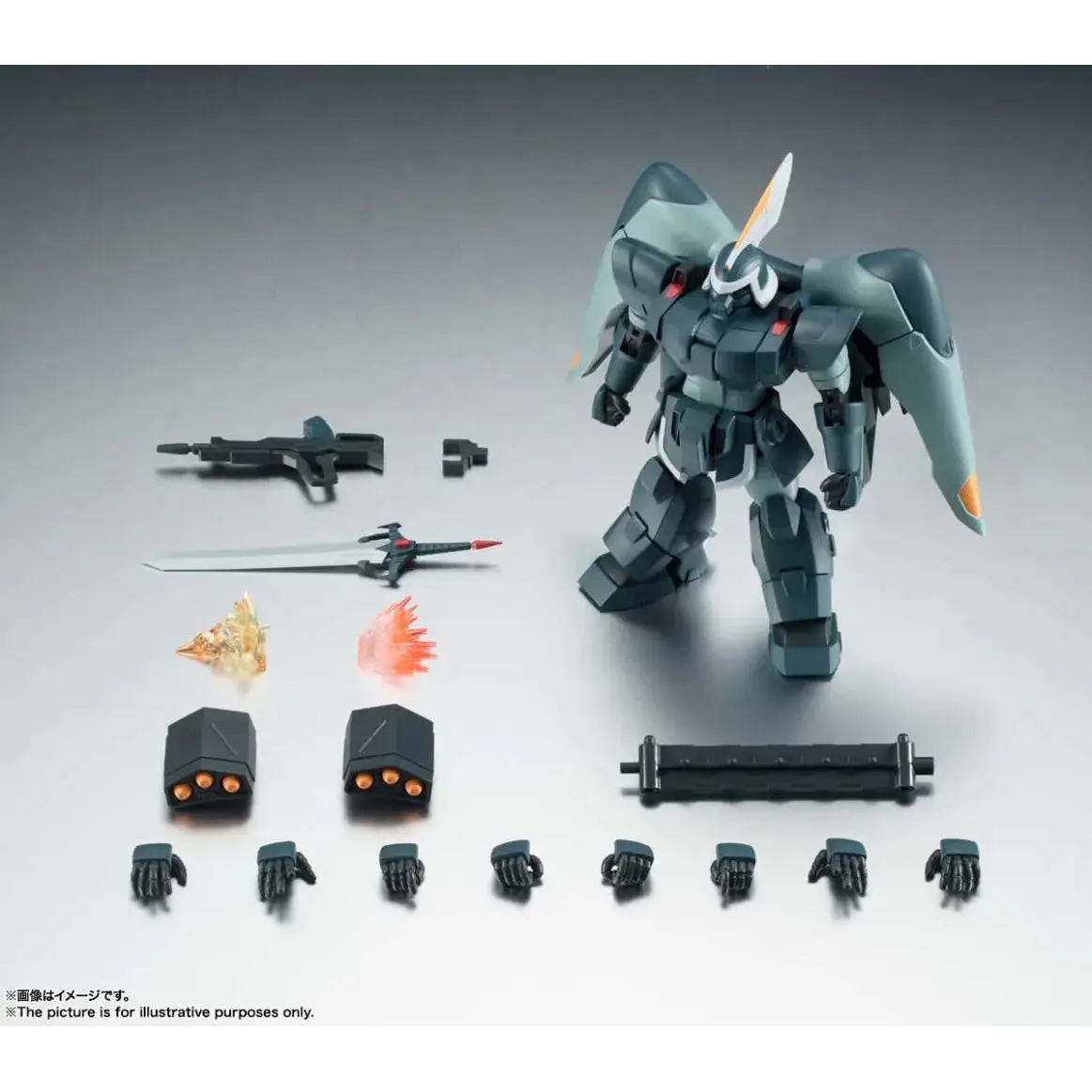 Mörkgrå och vit plast Gundam-modell med orange accenter på huvud, vingar och fötter, Rs ZGMF-1017 Jin Ver. A.N.I.M.E. actionfigur