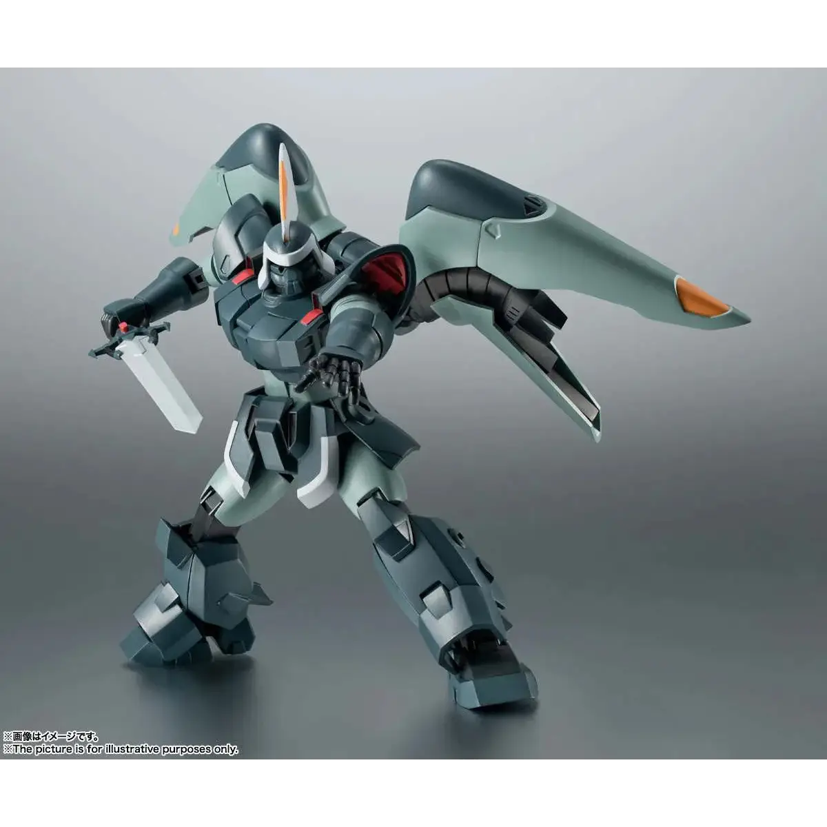 Grå och svart plastmodell av Gundam-stil mecha med orange accenter och röda ögon, Rs ZGMF-1017 Jin Ver. A.N.I.M.E. actionfigur