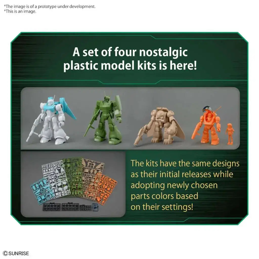 Nostalgiska plastmodellkit Rund Vernian Vifam Set 1 med robotfigurer i vitt, grönt, beige och orange