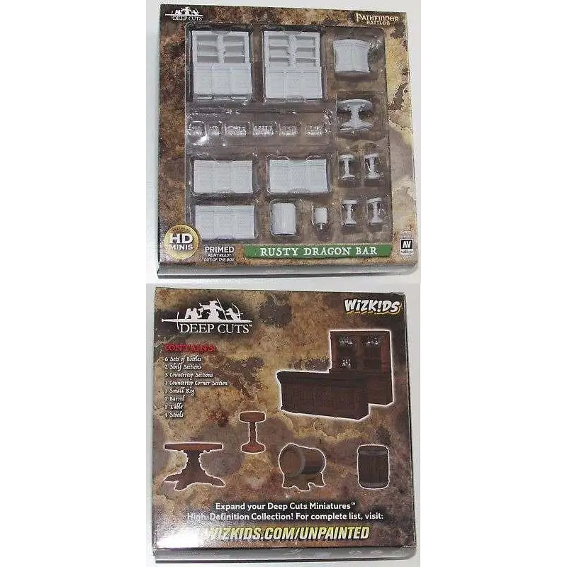 Rusty Dragon Bar Miniatures Set med detaljerade vita primade miniatyrer i rustik tavernscen