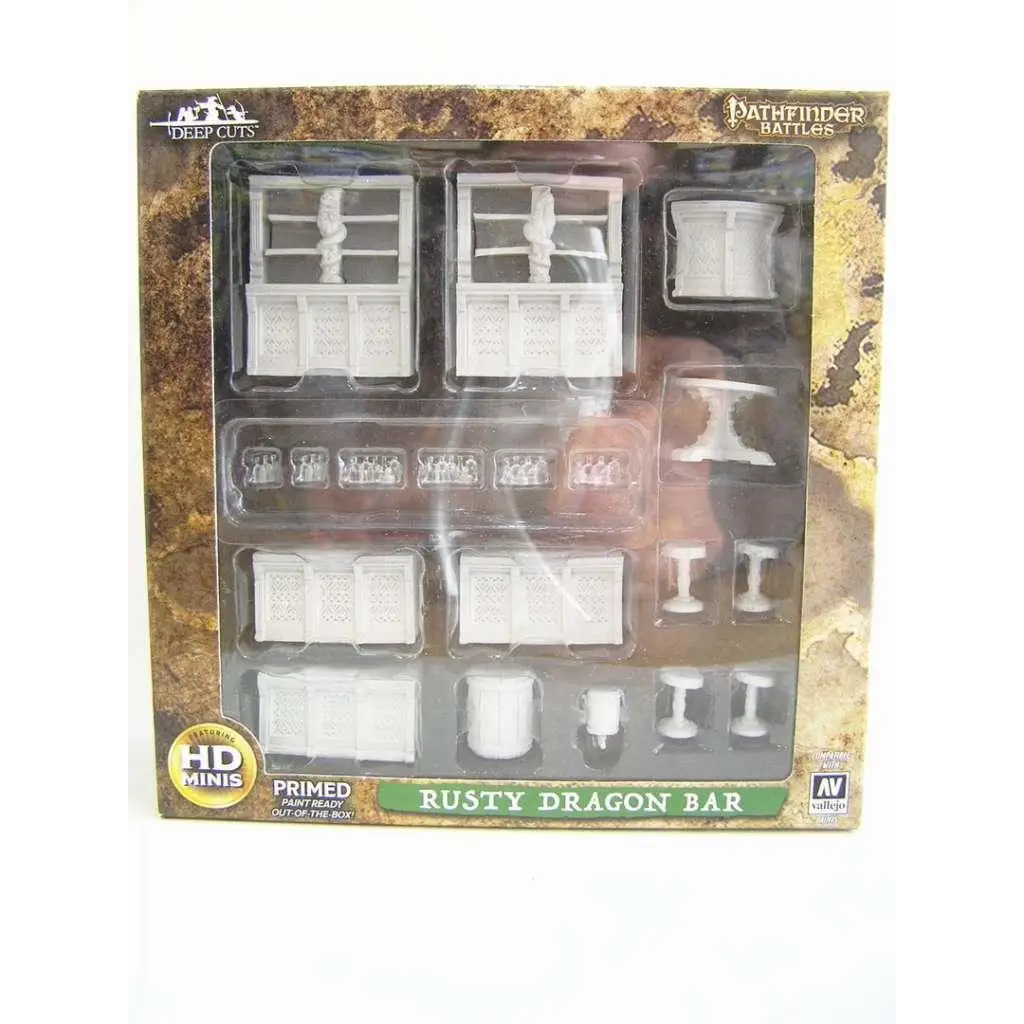 Vit primed plastminiatyr möbelset för Rusty Dragon Bar i rustik drakbar