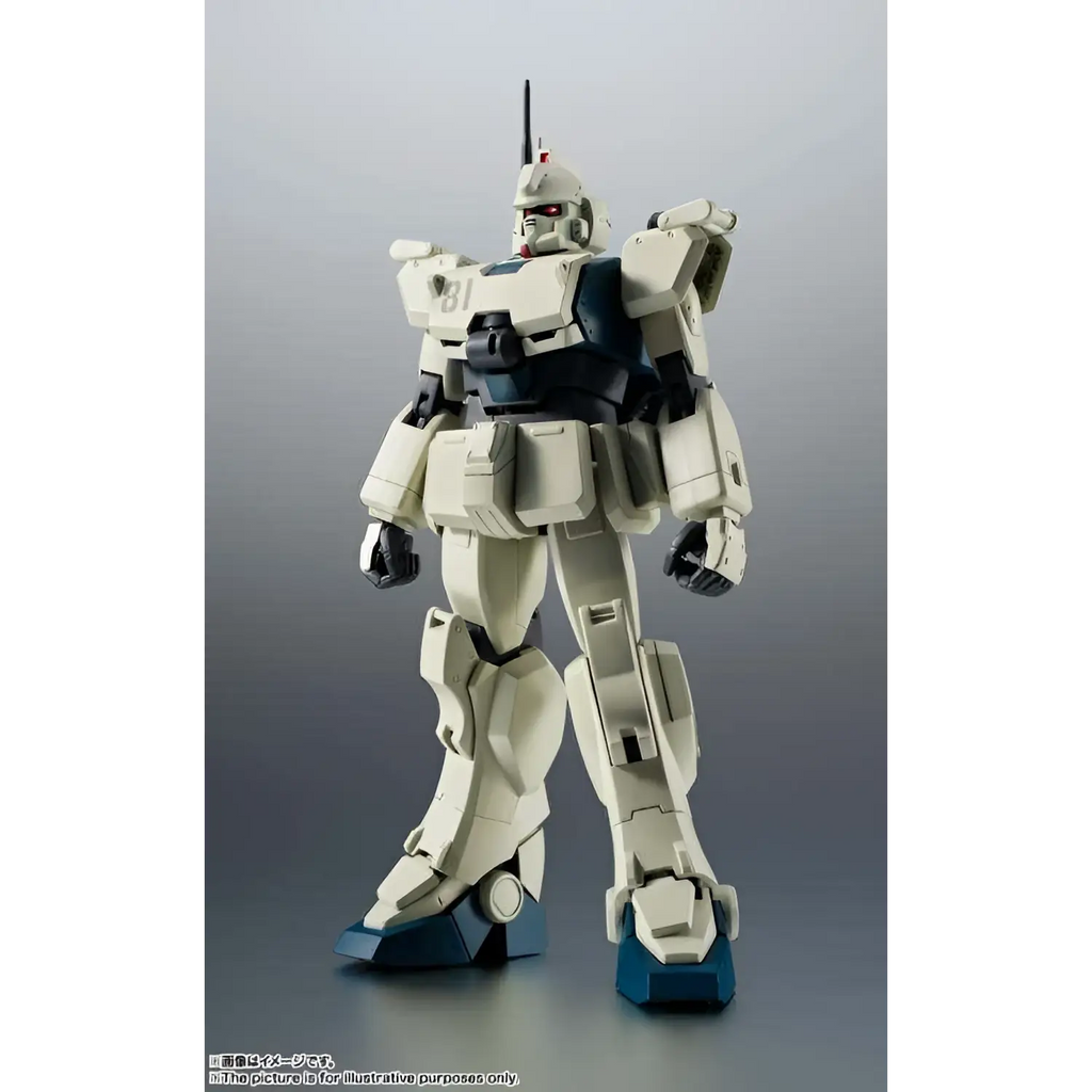 Kremvit och mörkblå plastmodell av RX-79(G) Ez-8 Gundam Ez-8 Ver. Anime med röda ögon på grå yta