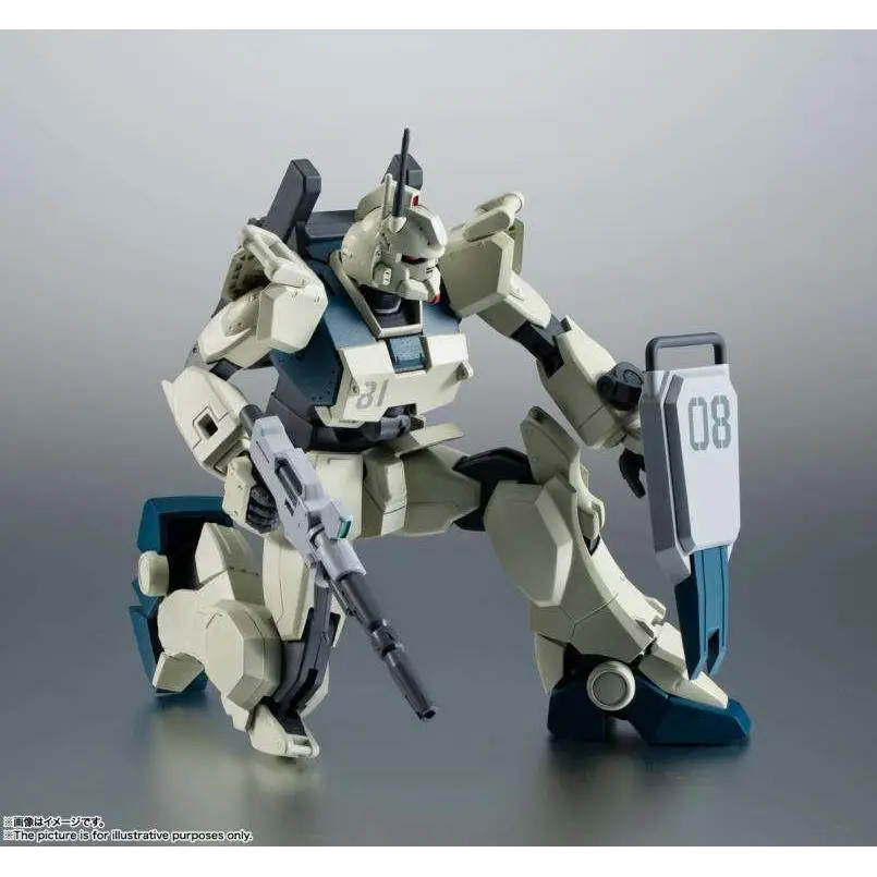 Beige och blå plastmodell av RX-79(G) Ez-8 Gundam Ez-8 Ver. Anime med gevär och sköld