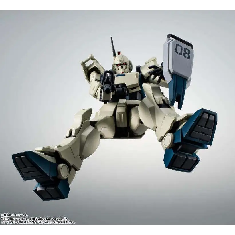 Beige och blå plastmodell av RX-79(G) Ez-8 Gundam med svarta detaljer och 08-sköld på vänster arm