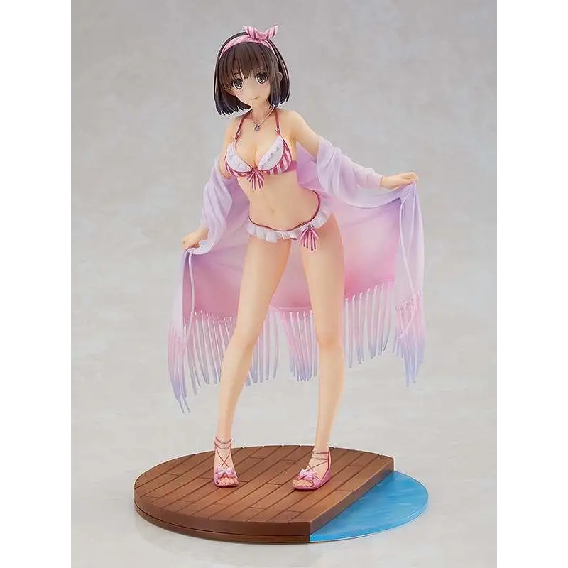 Saekano Megumi Kato i rosa-vit randig baddräkt med fransig överdel