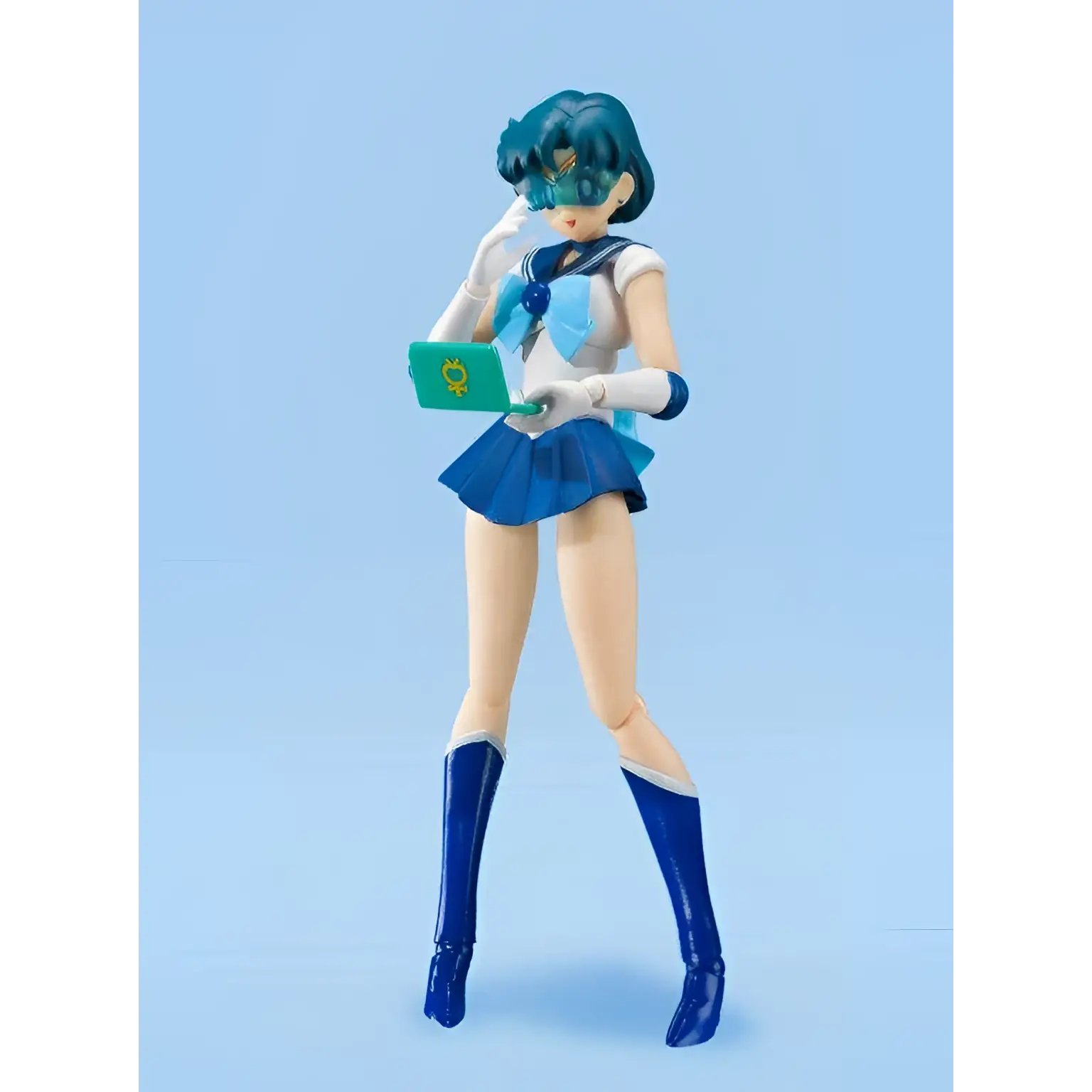 Sailor Mercury SH Figuarts actionfigur med blå hår, marin uniform, turkos laptop och grön visir