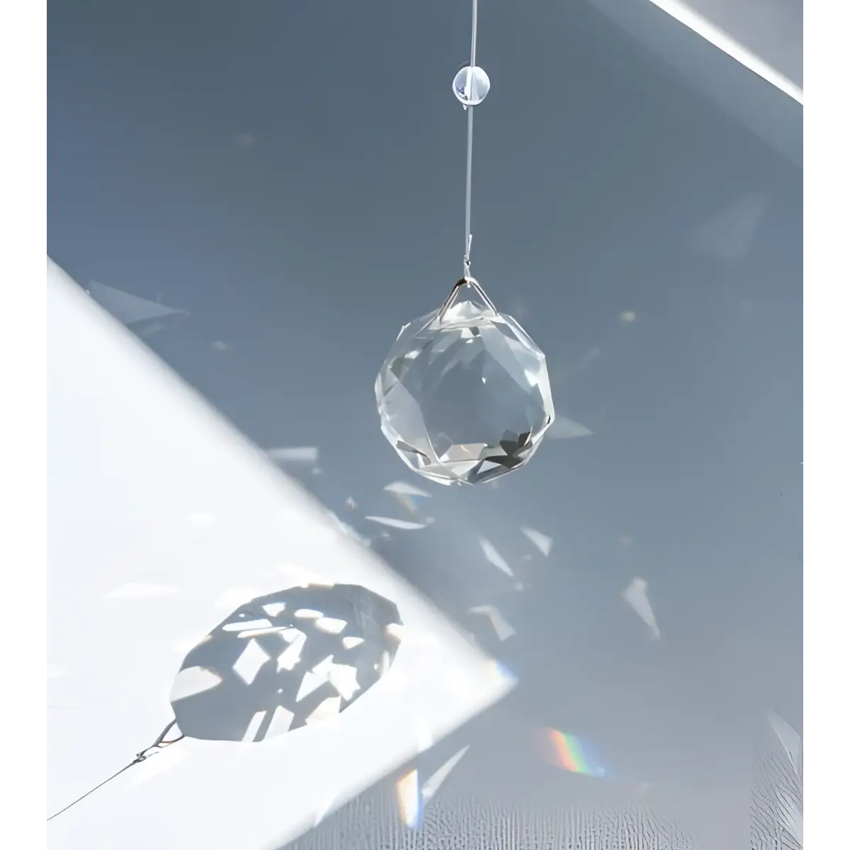 Klar, fasetterad kristall Sailor Moon-suncatcher hängande från tunn tråd för fönster