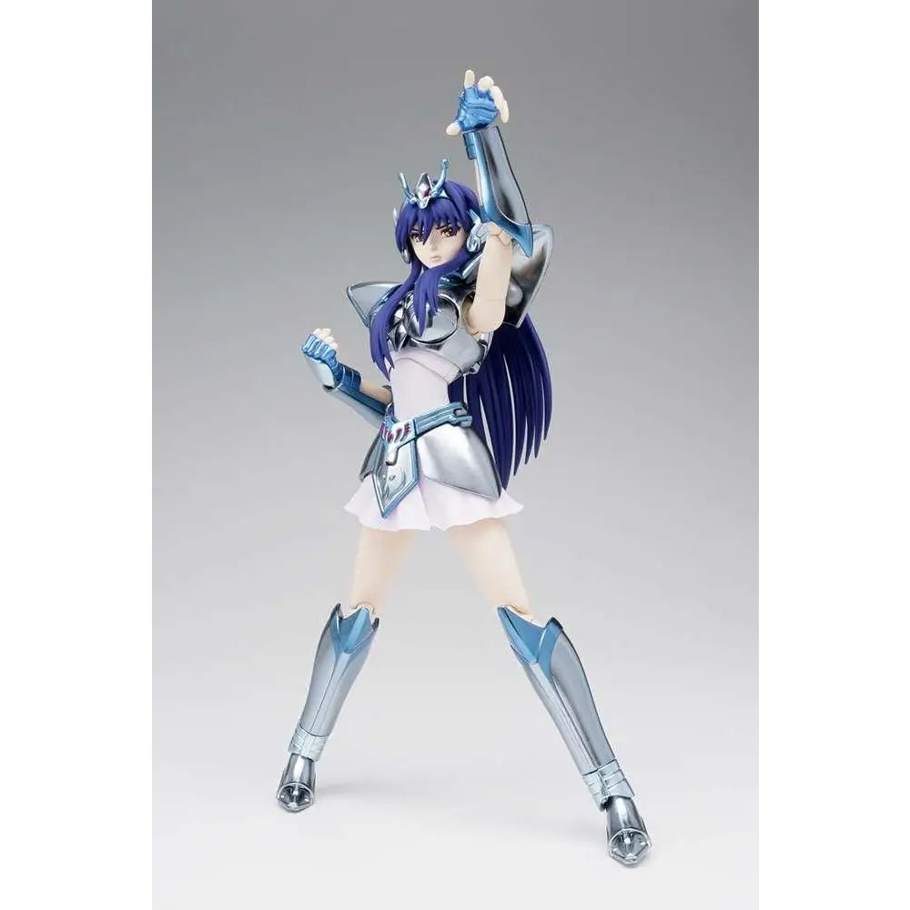 Blåhårig kvinnlig animefigur i silver- och blå rustning med vit kjol, dynamisk pose för Saint Eq Kyoko & Eq Power Cloth Set