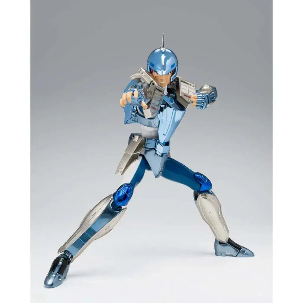 Blå och silverfärgad metallpansrad figur i dynamisk stridsposition från Saint Seiya Steel Marine Cloth Ushio Rev