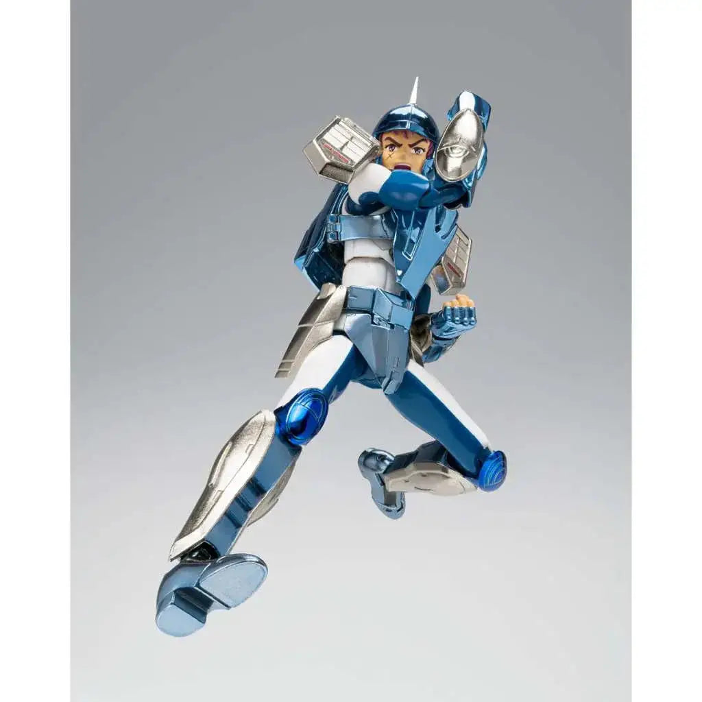 Blå och silverfärgad Saint Seiya Steel Marine Cloth Ushio Rev-actionfigur i dynamisk pose