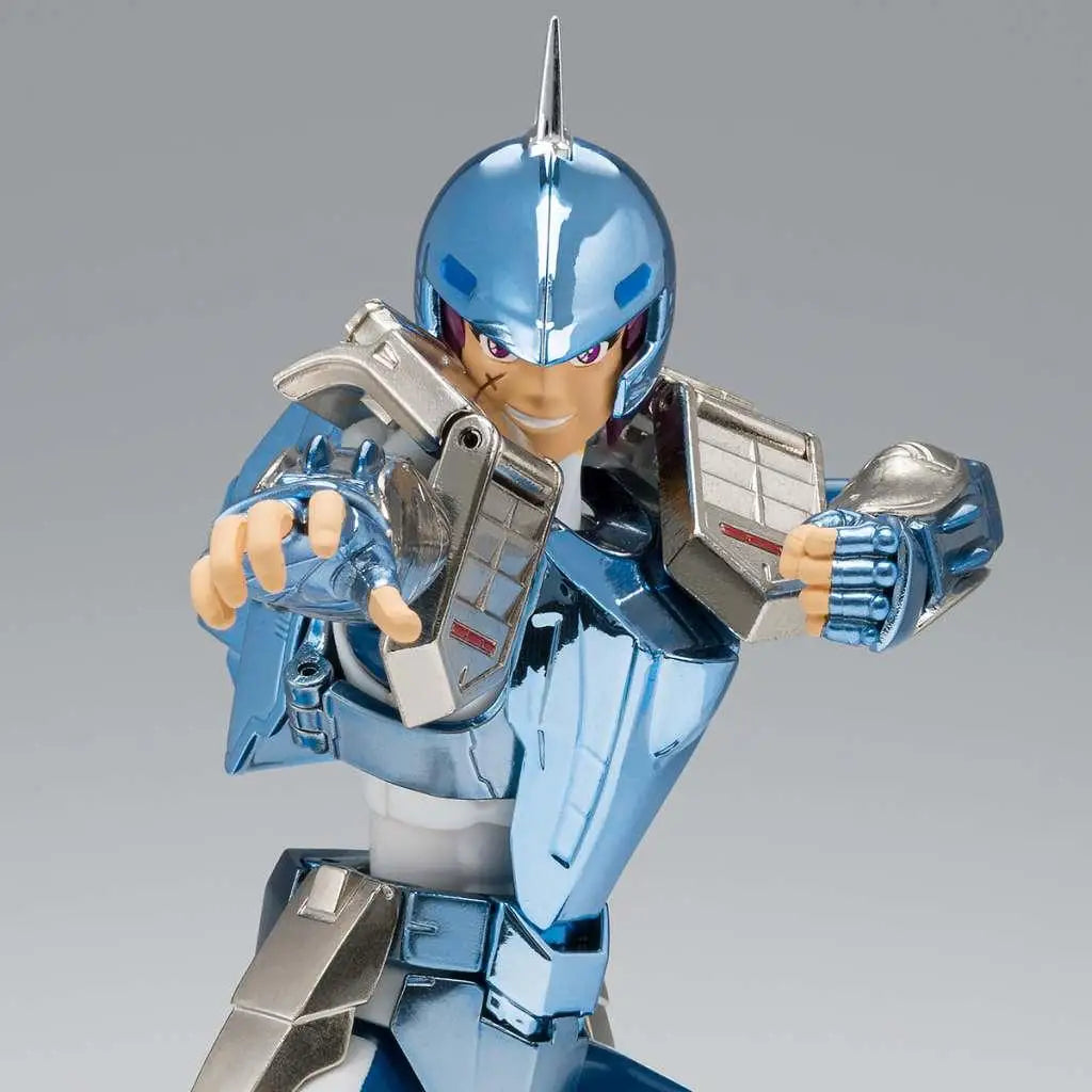 Blå metallisk rustningfigur med silverdetaljer och taggig hjälm från Saint Seiya Steel Marine Cloth Ushio Rev