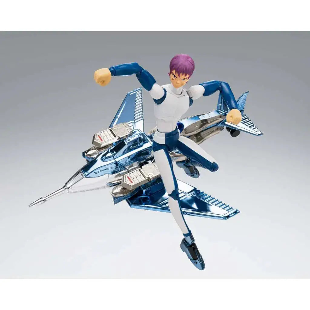 Saint Seiya Steel Marine Cloth Ushio Rev actionfigur i blått och vitt med lila hår på metallisk blå jet