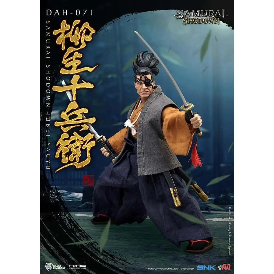 Samurai Shodown Jubei Yagyu DAH actionfigur i grå och orange dräkt med svart hår, ögonlapp och dubbla svärd