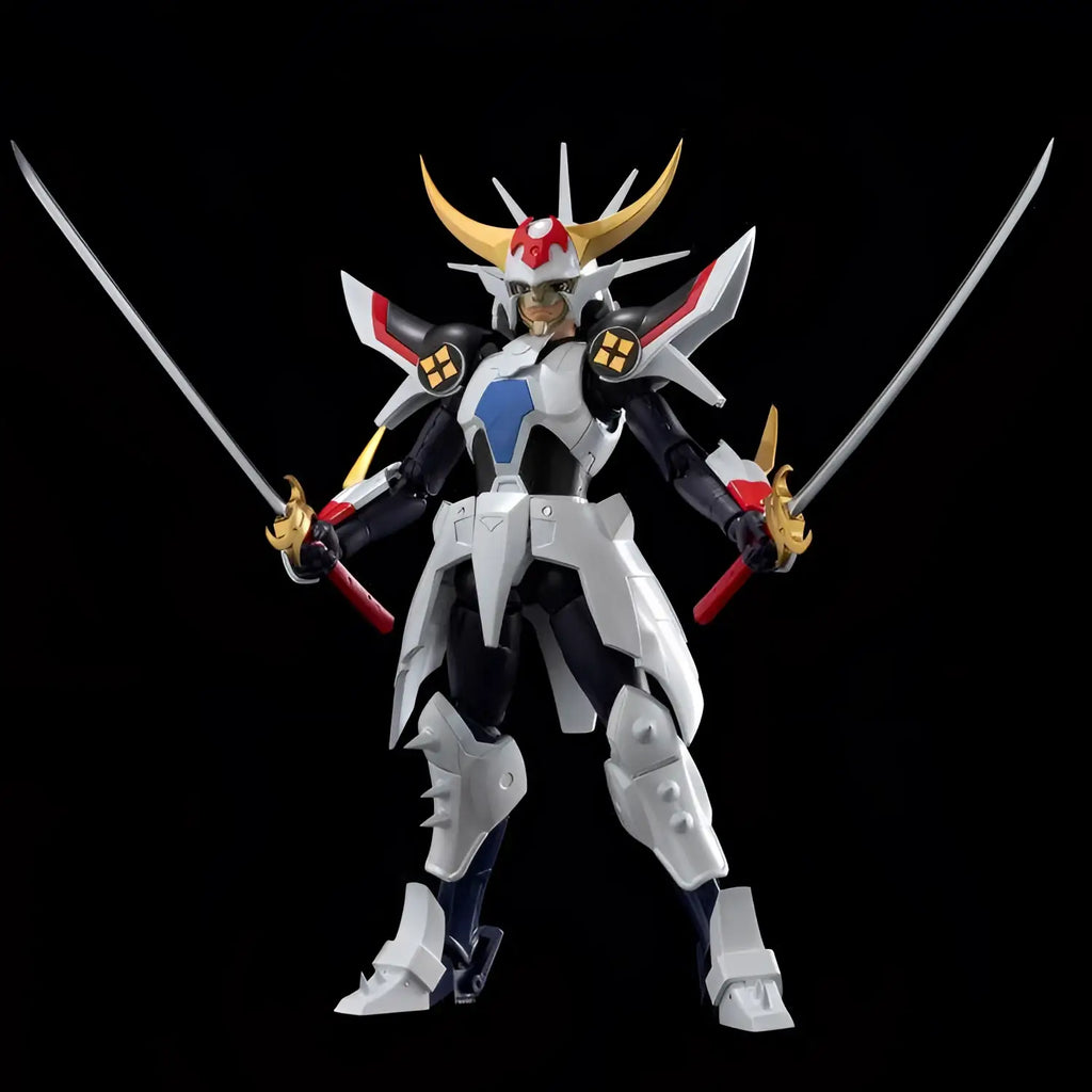 Vit och svart rustad figur med gulddetaljer, röd hjälmtofs, håller två svärd – Samurai Troopers Kikoutei Rekka AF Inferno Armor
