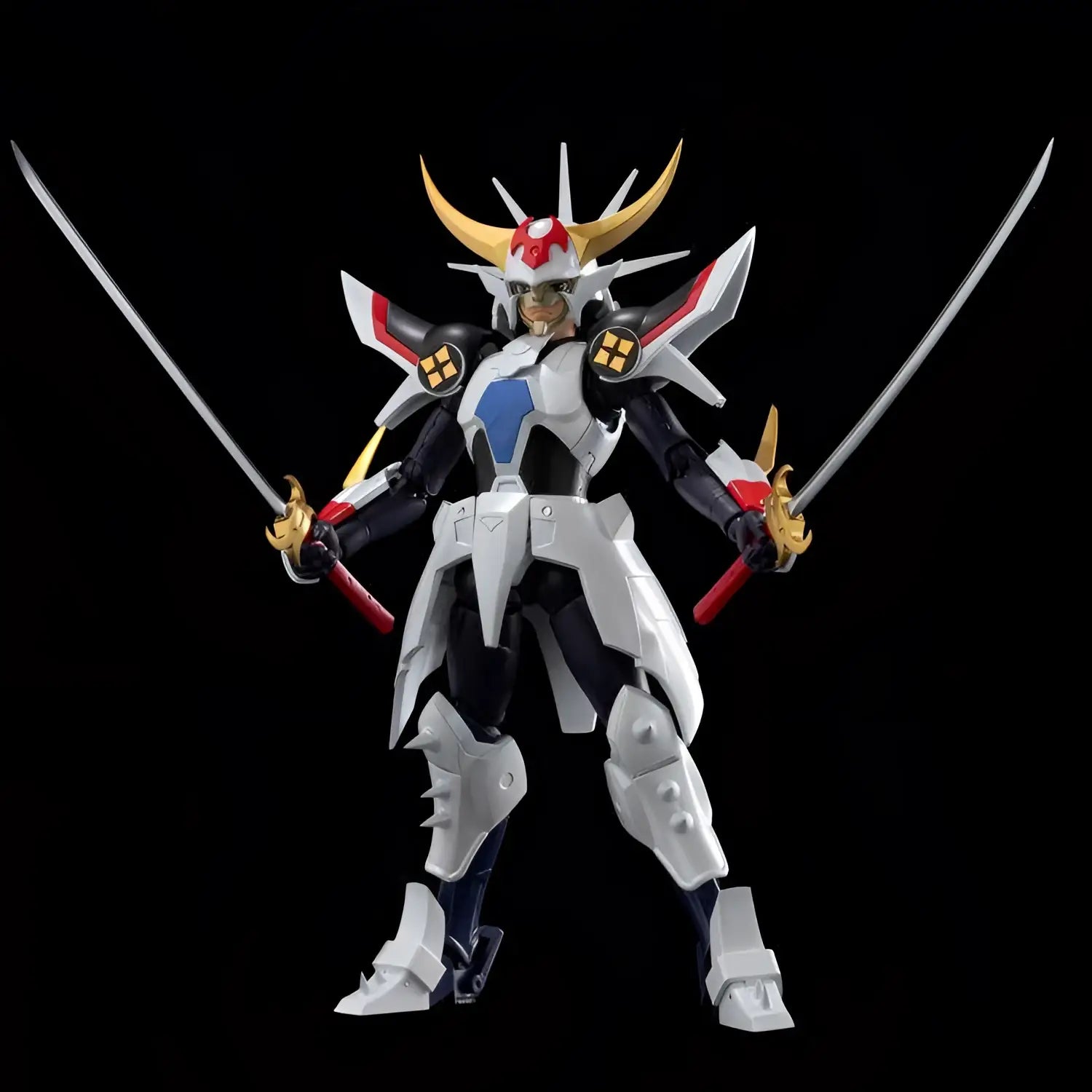Vit och svart rustad figur med gulddetaljer, röd hjälmtofs, håller två svärd – Samurai Troopers Kikoutei Rekka AF Inferno Armor