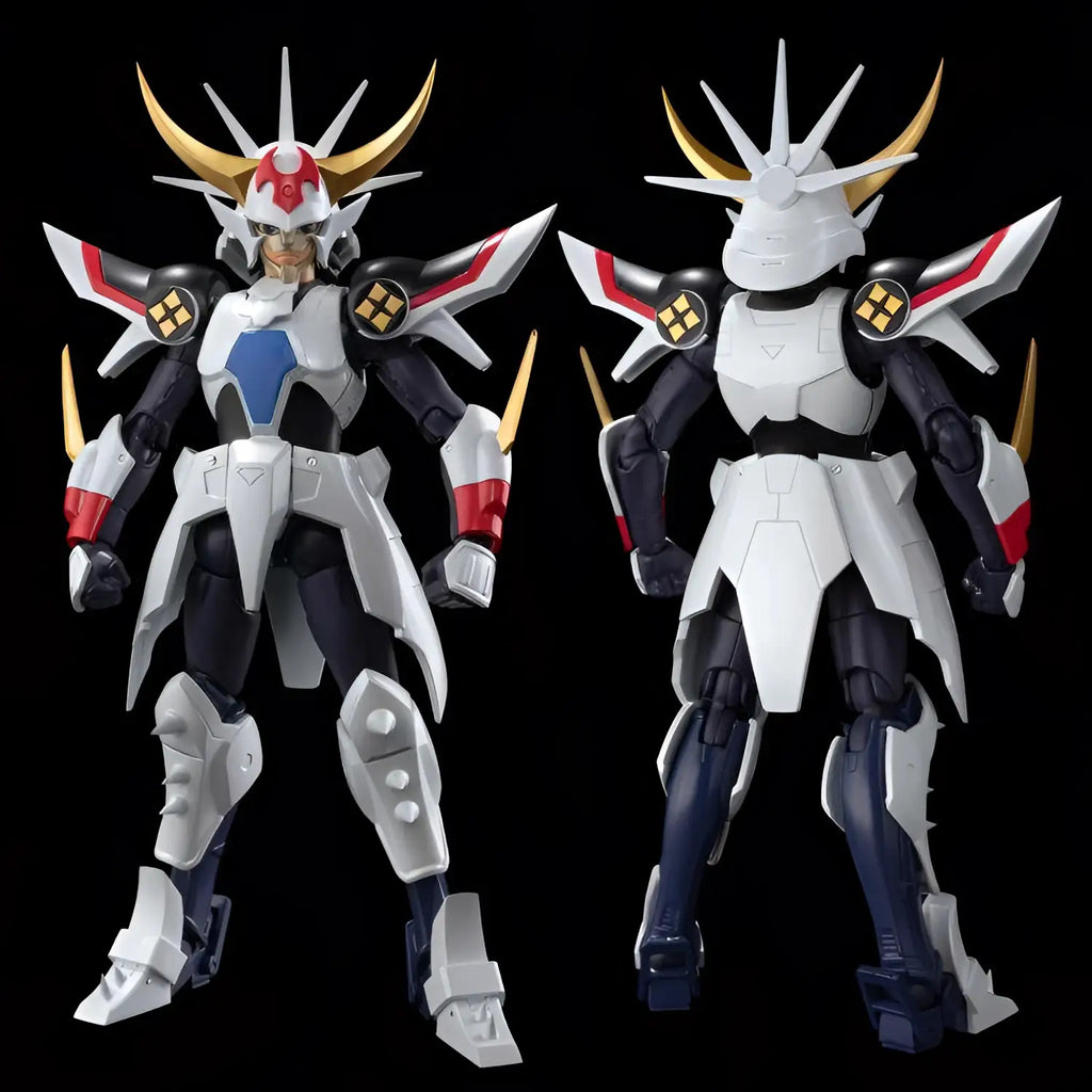 Vit vit och guld rustad robotfigur med röda accenter, detaljerad hjälm, Samurai Troopers Kikoutei Rekka AF