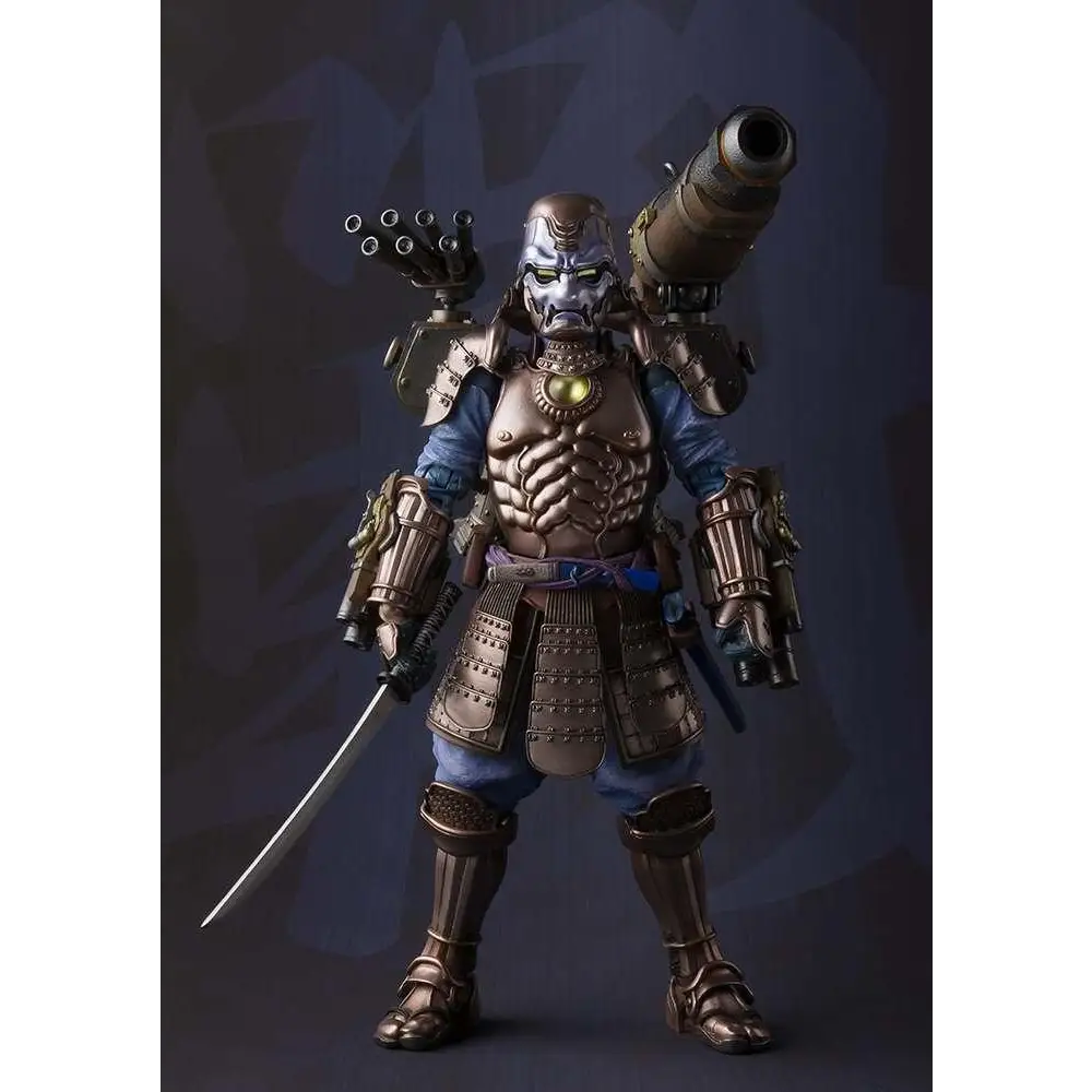 Bronshvit och blå rustad samuraj actionfigur med gul lysande emblem, svärd och monterat vapen