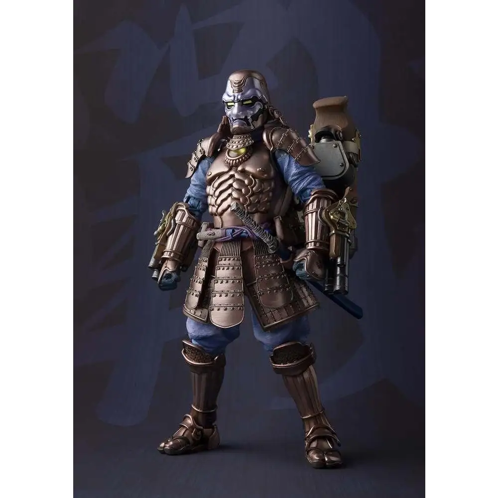 Bronsfärgad detaljerad Samurai War Machine AF-actionfigur med blå underkläder och glödande gult öga