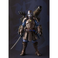 Brons och blå rustad samuraj actionfigur med glödande gul emblem på bröstet, svärd och monterat vapen – Samurai War Machine AF, Tamashii Web-exklusiv