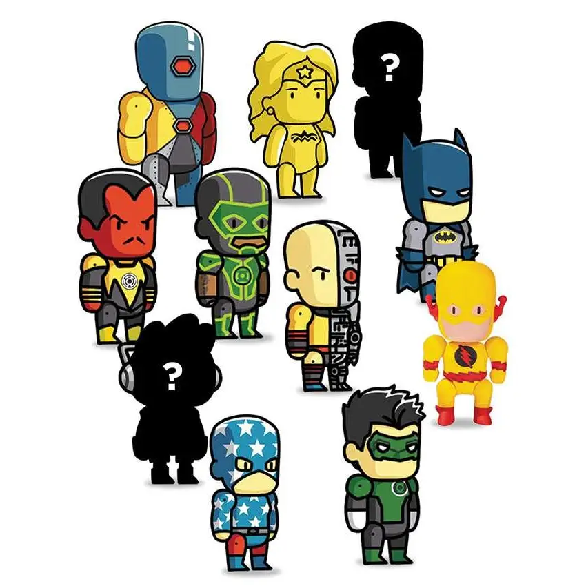 Chibi-figurer av DC Comics-hjältar som Wonder Woman i guld och blått med stjärnsymbol, från Scribblenauts Unmasked 18-pack