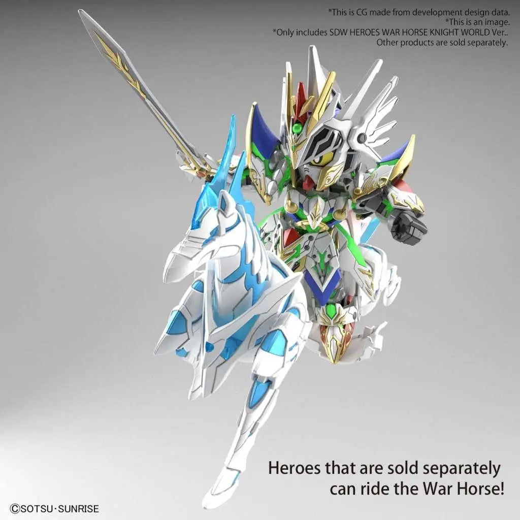 Vit och blå rustad robot med guld-, grön- och röd accenter rider matchande vit och blå mekanisk häst i Sdw Heroes War Horse Knight World Ver