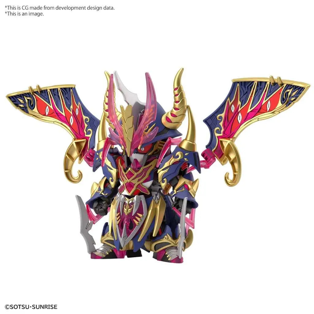 Stilig robotfigur med gyllene rustning och rosa-blå flammönster på SDW Heroes Warlock Aegis Gundam byggsats
