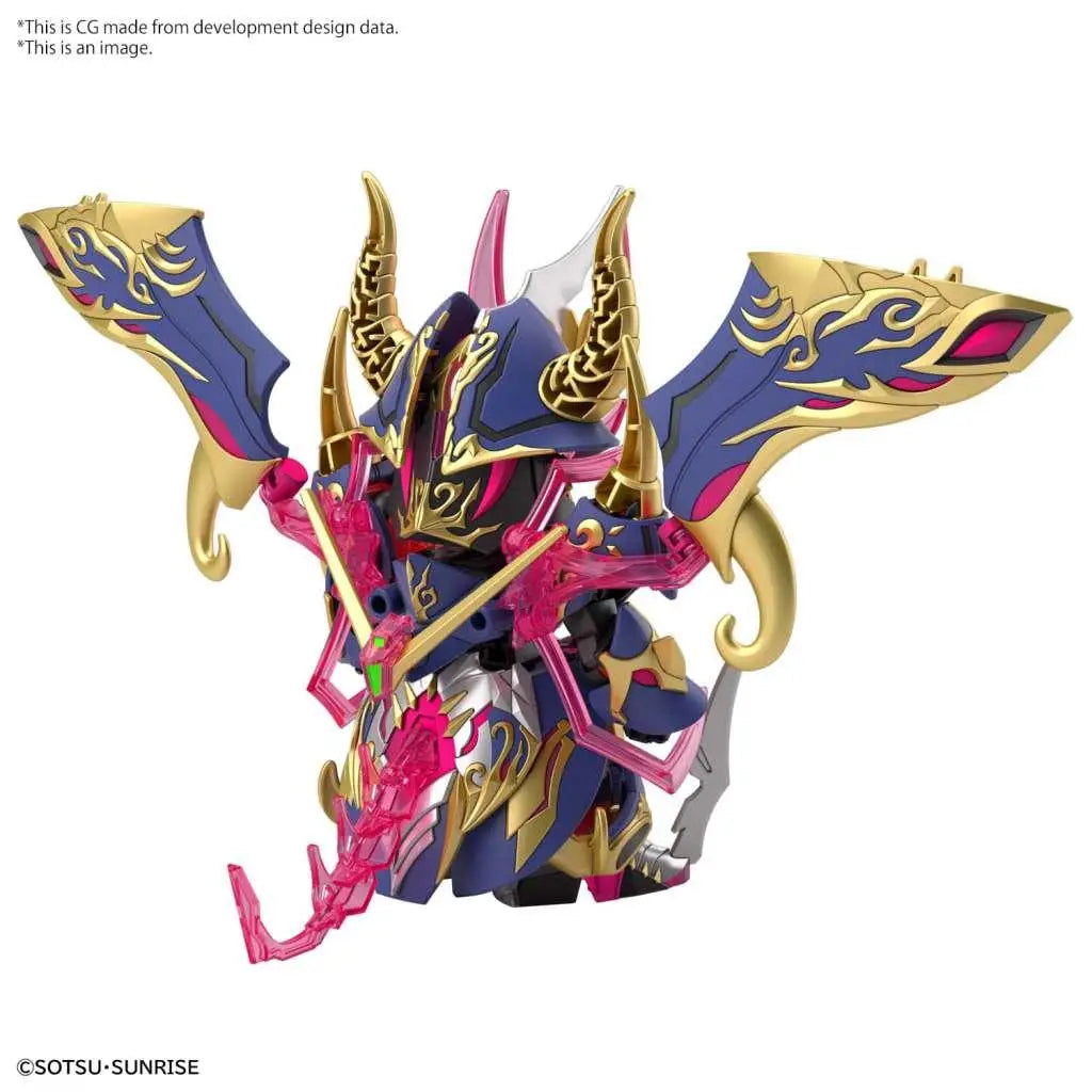Styliserad robotfigur med gyllene rustning och lila-rosa accenter i SDW Heroes Warlock Aegis Gundam byggsats