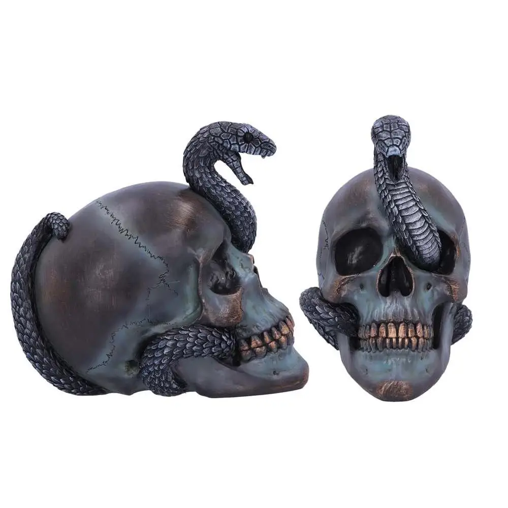 Mörkgrå och bronsfärgade dödskallefigurer med slingrande ormar, Serpentine Fate Gothic Snake Skull