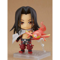 Chibi Shaman King Hao Nendoroid i röd-grå rustning med svart hår och röd gulögd varelse på klar plastbas