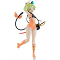 Orange enstyckssim i Arsnotoria Mel Cat King-figurindesign med vita volanger, svarta accenter, kattöron och svans