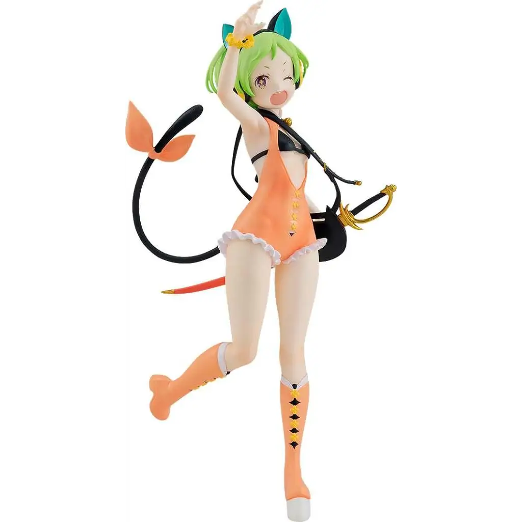 Orange enstyckssim med vit volang, svarta accenter, kattöron och svans från Smile o/t Arsnotoria Mel Cat King-figur