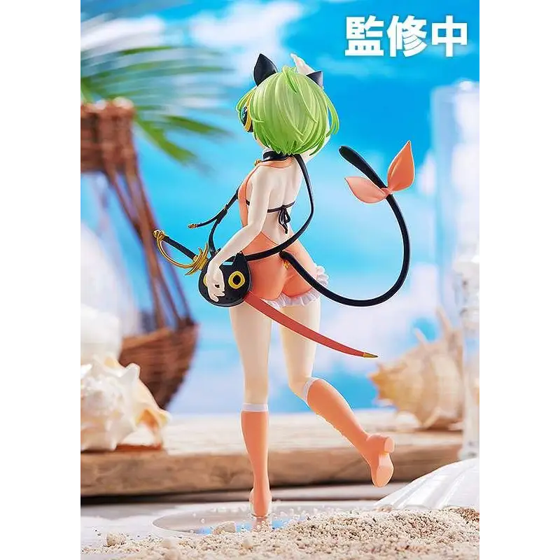 Grönhårig animefigur med katöron och svans i orange bikini, håller svart väska