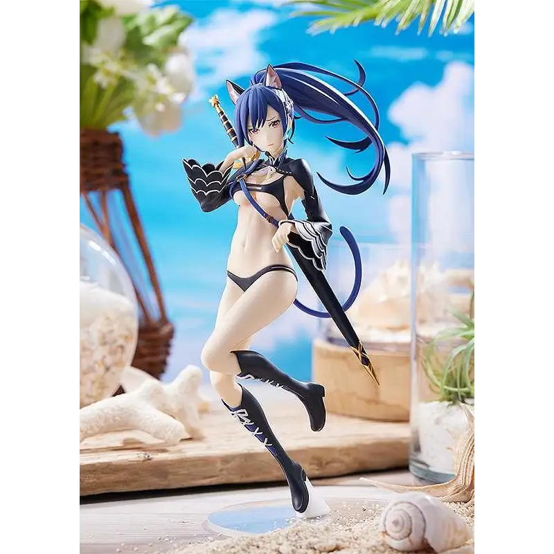Animeskulptur av Smile of the Arsnotoria: Cat King Pup Figur med svartvit kattörade flicka, långt blått hår, svärd i dynamisk strandpose