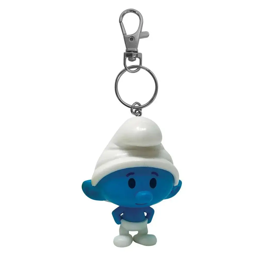 Blå Smurf-chibi nyckelring med vit hatt och silverclip