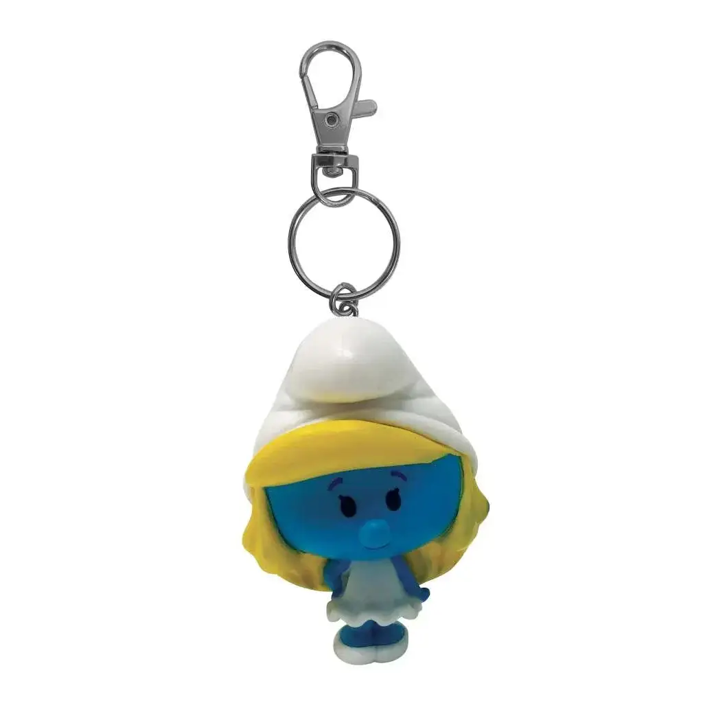 Blå Smurfette chibi nyckelring med vit hatt och klänning, gul hår och silverclip