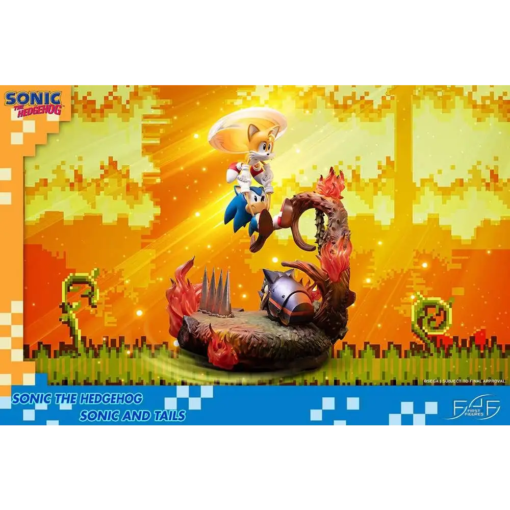 Sonic och Tails-figurer från First 4 Figures, mid-air över eldigt landskap