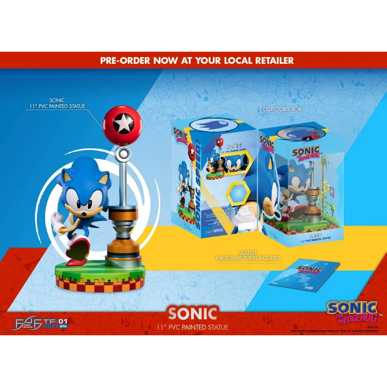 Sonic the Hedgehog 11-tums PVC-figur på grön-orange bas vid röd stjärnstång