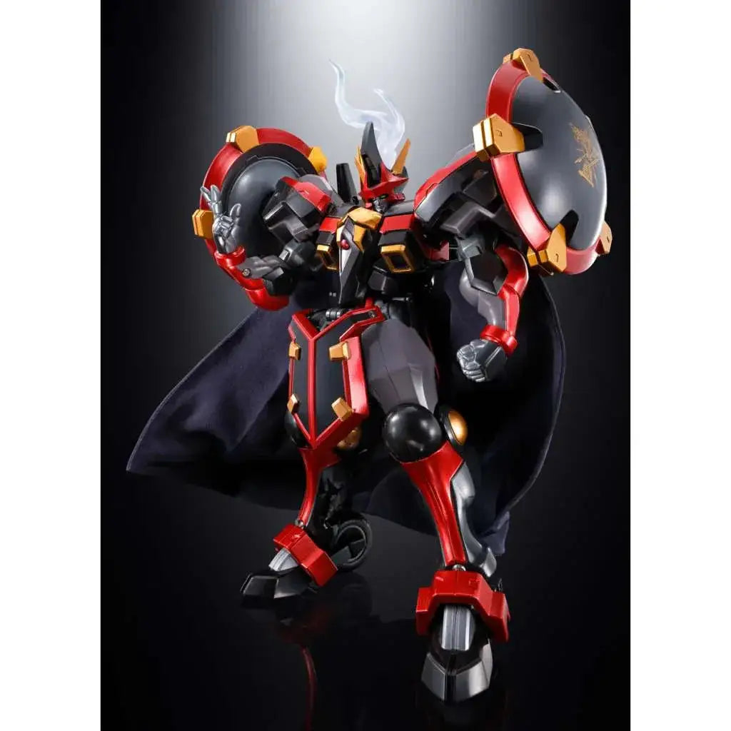 Röd och svart rustad robotfigur med guldiga accenter, mantel och stora cirkulära sköldar från Soul of Chogokin GX-46 Dygenguar & Aussenseiter