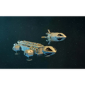 Två vita och grå modellrymdskepp med detaljerade metallytor svävar i stjärnfull rymdmiljö från Space 1999 Dragons Domain Die-Cast Set