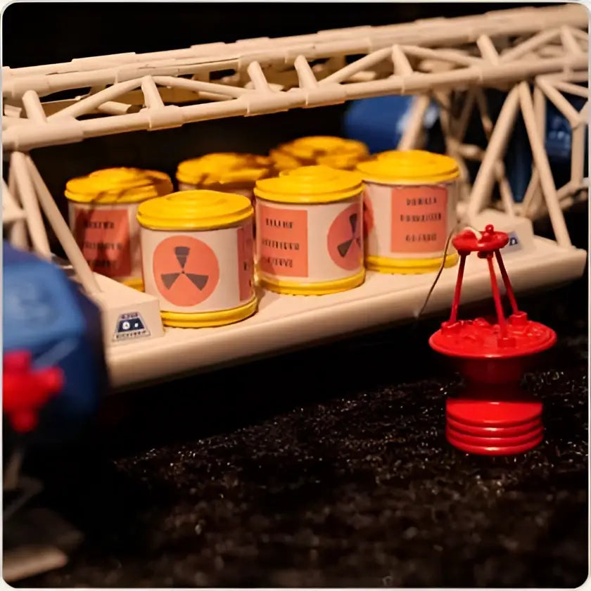 Gula plastburkar med strålningssymboler på beige modellbro i Space 1999 Eagle Freighter-replika