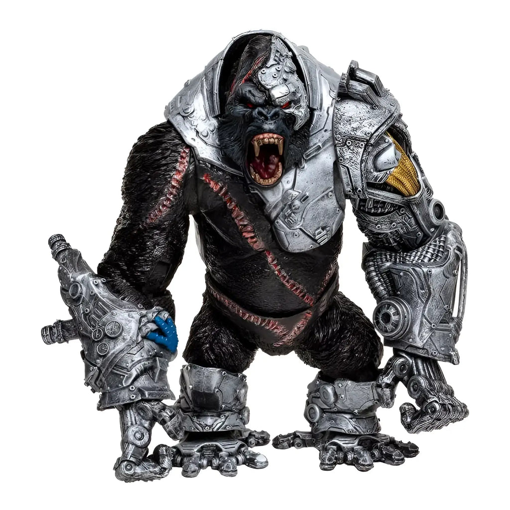 Detaljerad silver- och svart pansrad gorilla Spawn Megafig Cygor-figur med mekaniska lemmar och arg min