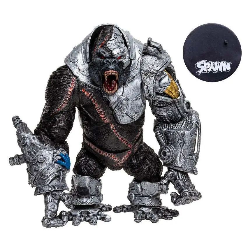 Silver and black Spawn Megafig Cygor gorilla action figure with mechanical details, red eyes and gold shoulder accent
