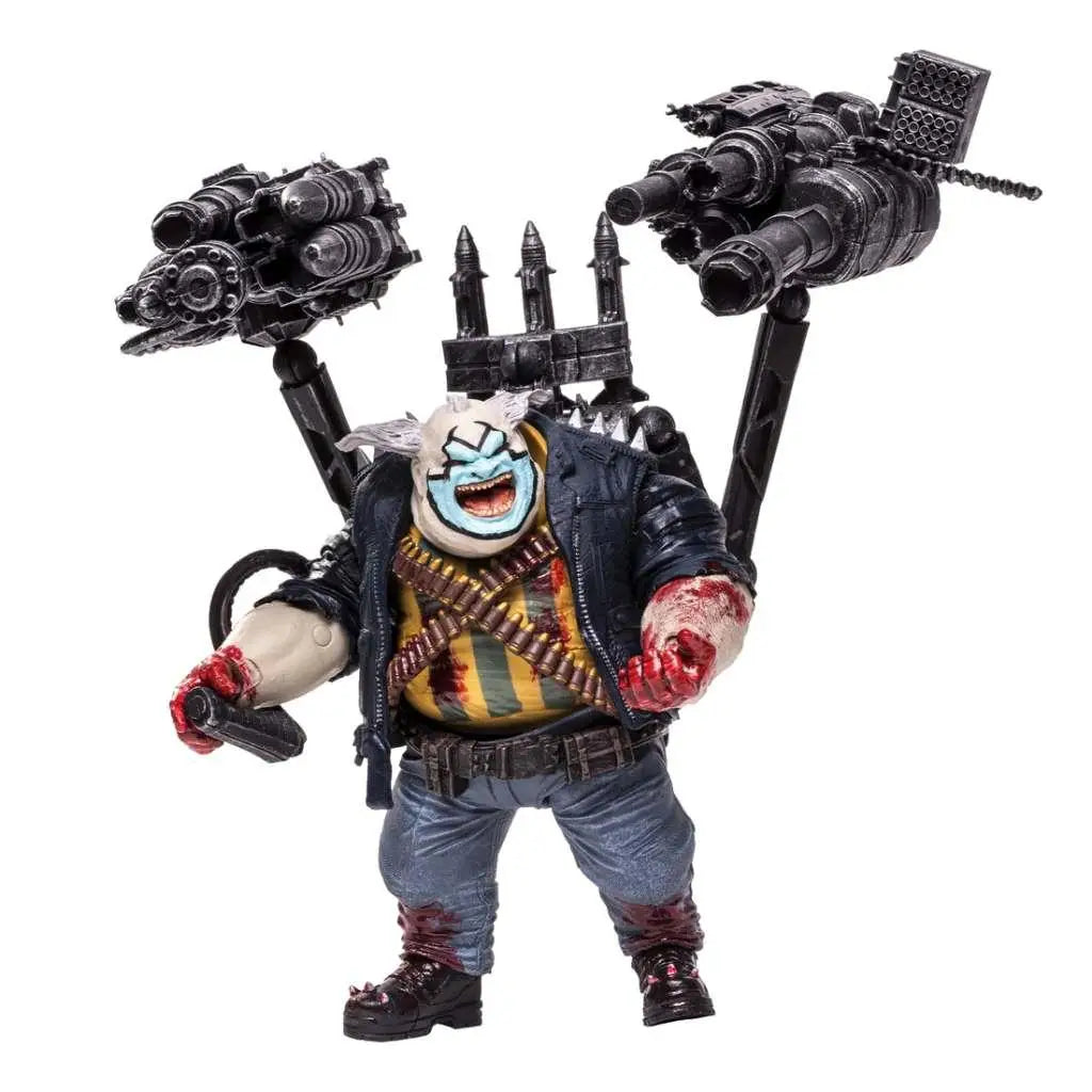 Svart och grå Spawn the Clown actionfigur med spikad rustning och två maskingevär