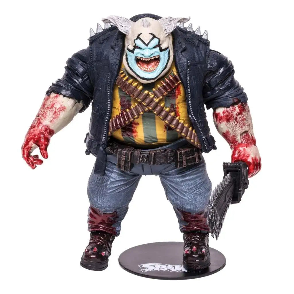 Detaljerad Spawn the Clown actionfigur med kedjsåg, grotesk clown i svart läderjacka