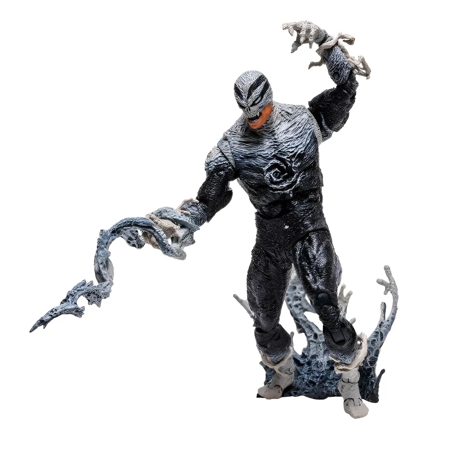 Svart och grå texturerad Spawn the Haunt-figur med muskulös maskerad karaktär och orange munstycke på stenbas