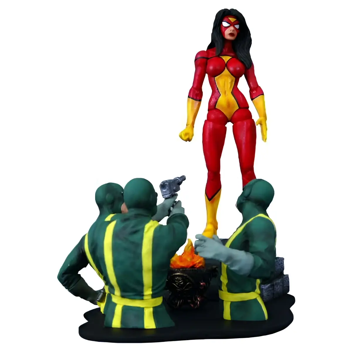 Röd och gul Spider-Woman actionfigur från Diamond Select Marvel ovanför tre gröna figurer