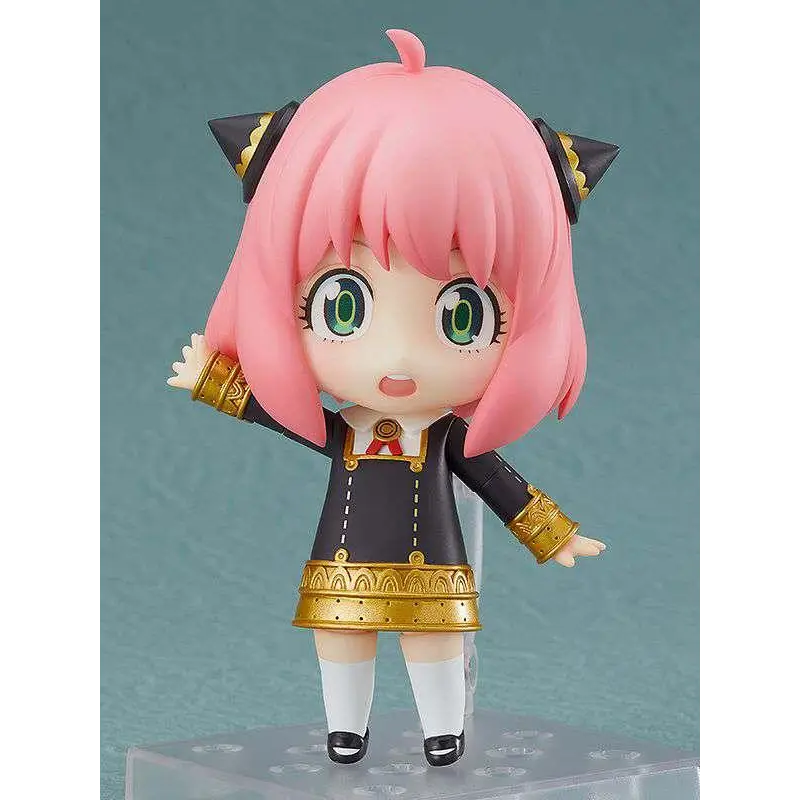 Rosa hårupp animeflicka med gröna ögon, svart-guld uniform med katöron, Spy x Family Anya Forger Nendoroid