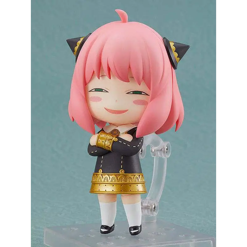 Rosa-hårig Anya Forger Nendoroid-figur med svarta katöron och guldtrimmad svart klänning